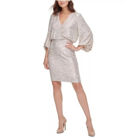 Eliza J Sequined Blouson Gold Sequin Lined dress - Picture 1 of 10